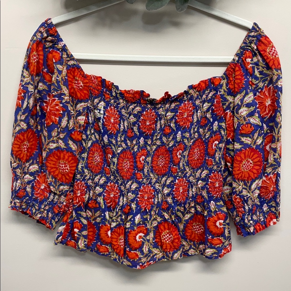 Velvet Corryn Floral Printed Cotton Top Smocked Peplum Blouse Puff Sleeves S